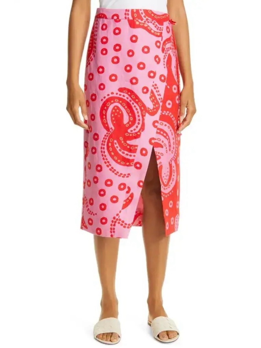 Farm Rio Octocool Linen Wrap Skirt Midi Red Pink Size S Beach Graphic Colorful - Picture 2 of 11